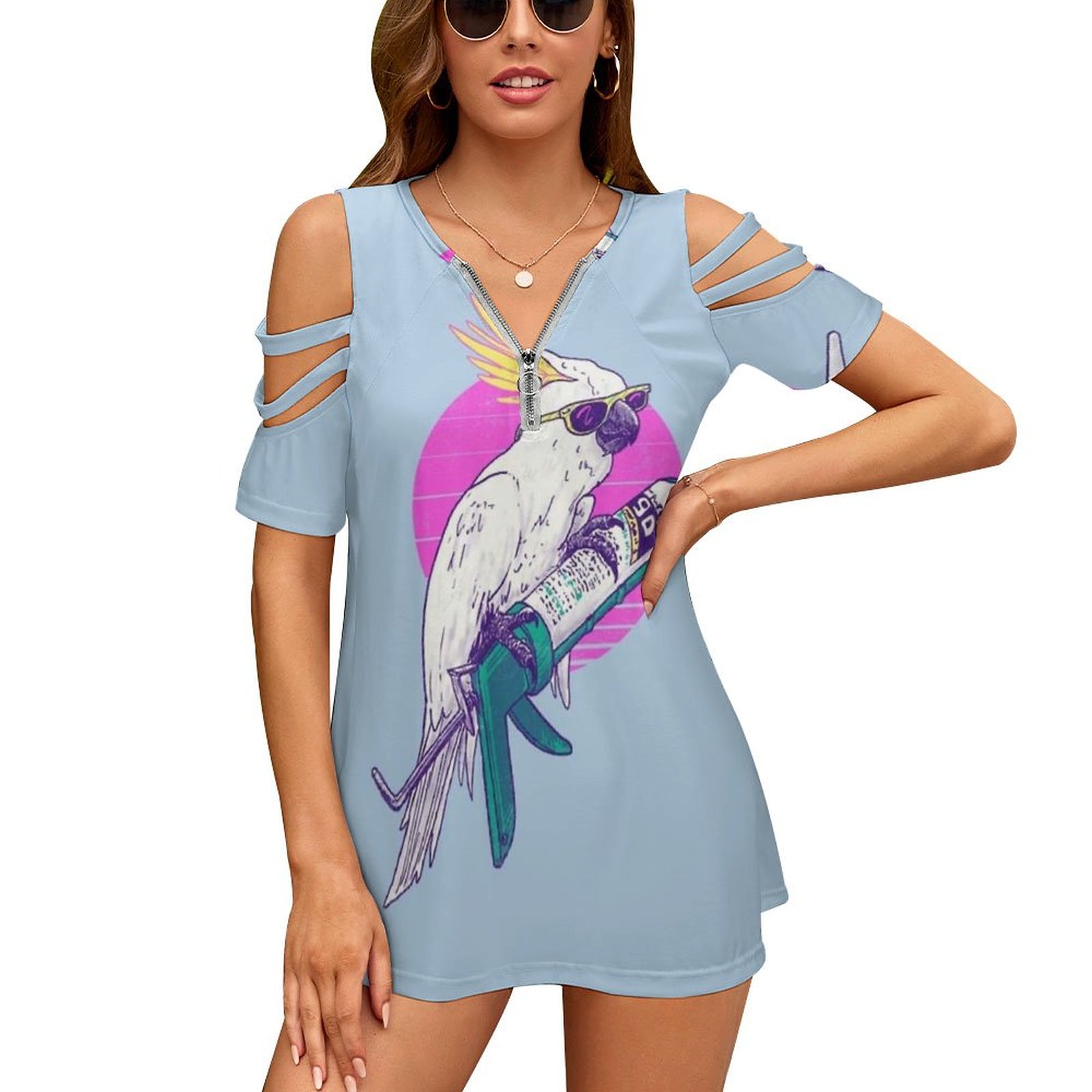 Caulkatoo Women Zipper Sexy Gedrukte Vintage T Shirts Tops Full Print T-Shirt Bird Lol Pun Cockatoo Tropical Caulking Caulk Gun