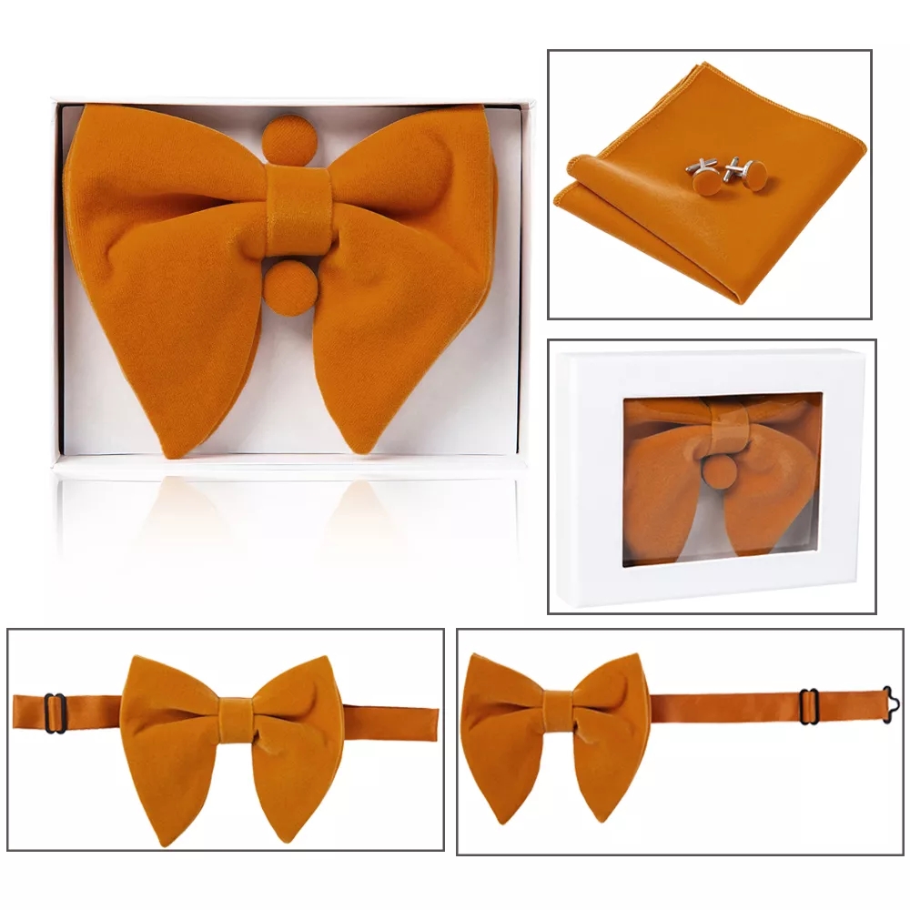 Stor bowtie för män sammet bow slips set pocket fyrkantiga manschettknappar med låda set fast färg bowtie näsduk present bröllop cravatas