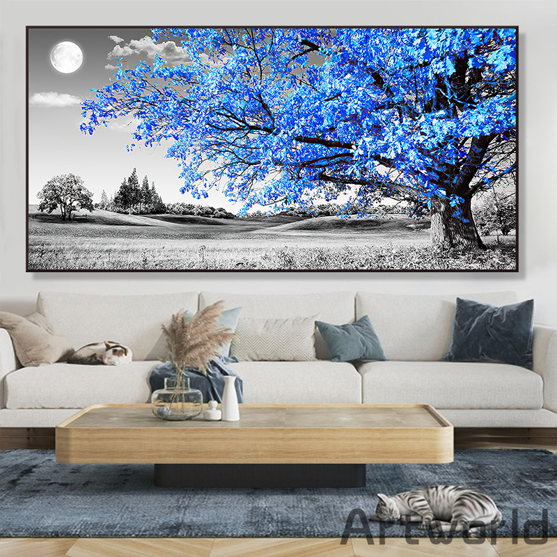 Árbol azul moderno arte en blanco y negro paisaje imágenes de pared de pared