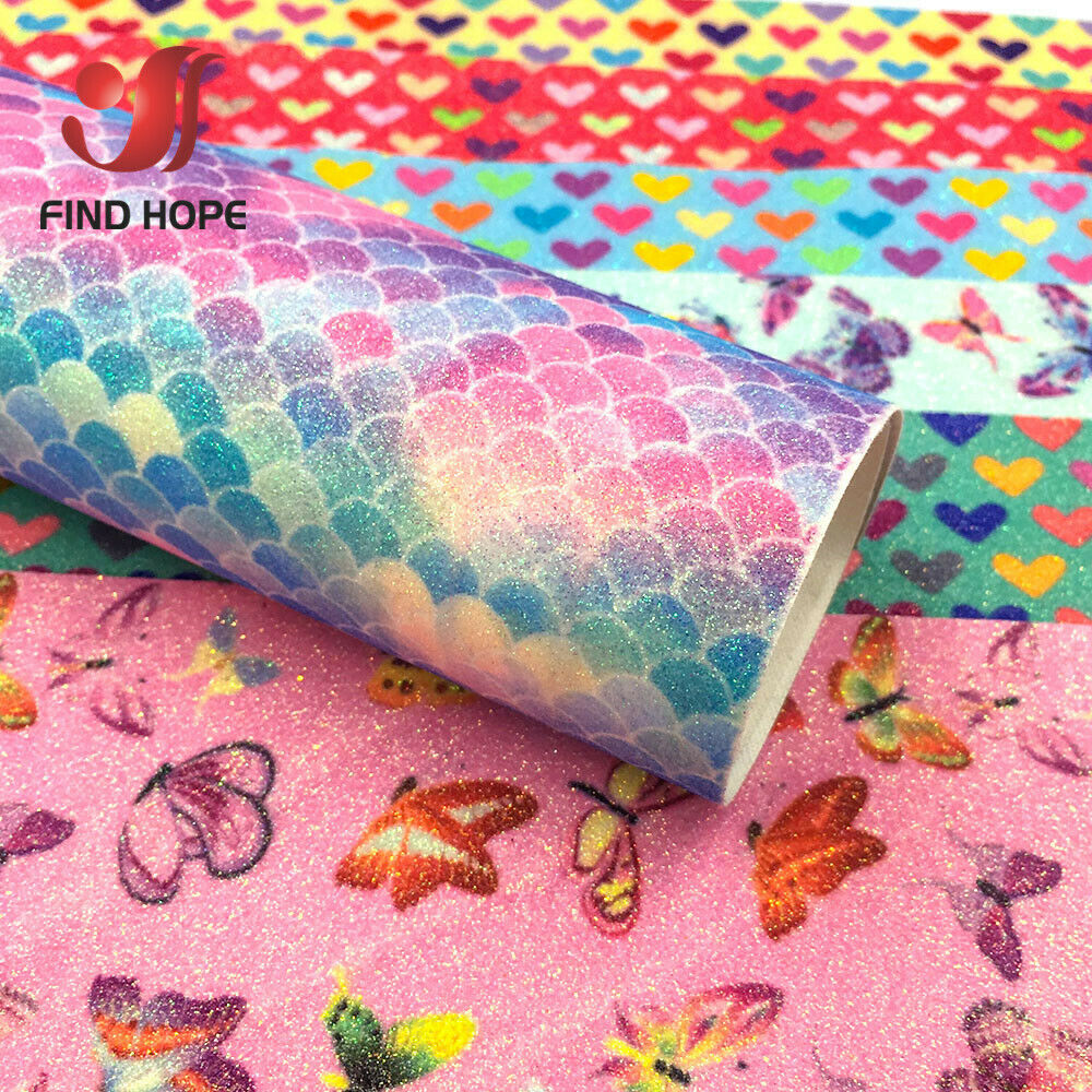 Fish Scale Mermaid Rainbow Fine Glitter Faux Leather Fabric Sparkle Butterfly Heart Craft Decor DIY Hair Bow Material Sheets