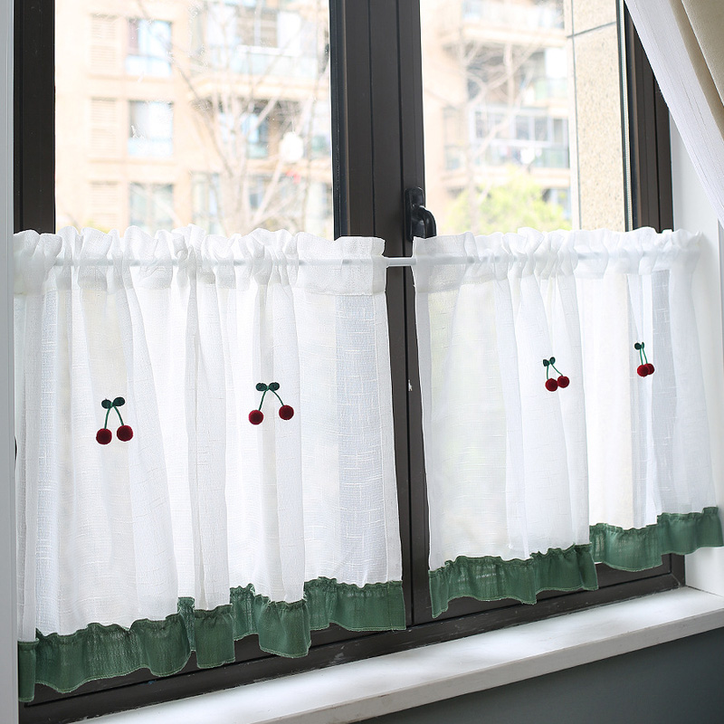 American Style Solid White Rural Half Curtain Patchwork Tube Curtain Cherry Pompom Coffee Tulle Short Curtain For Bar Kitchen