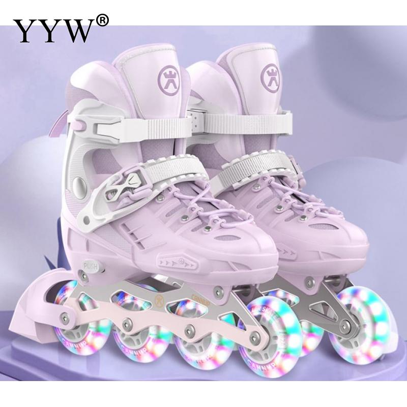 Inline Unisex Roller Skates Adjustable Pu Double-row Roller Skates 4 Wheel Flash Sneakers For Indoor Outdoor Skating Training