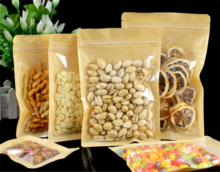 Flat Bottom One Side Clear + One Side Kraft Paper Zip Lock Bag Snack Nuts Powder Beans Spice Gift Resealable Packaging Pouches