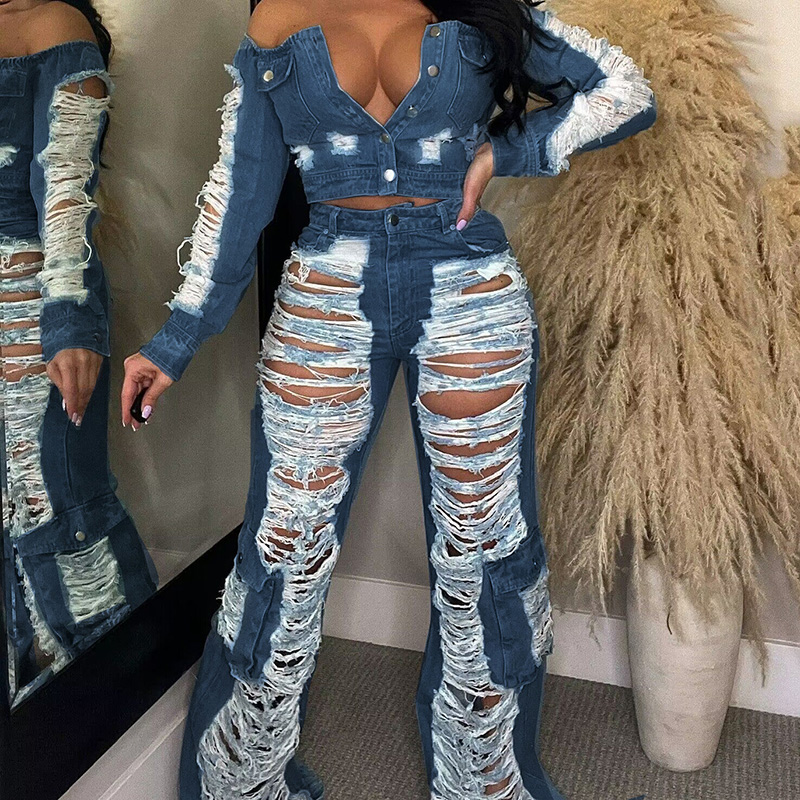 Jeans sexy womens tenue haute taille de rotule conception de jeans déchirés