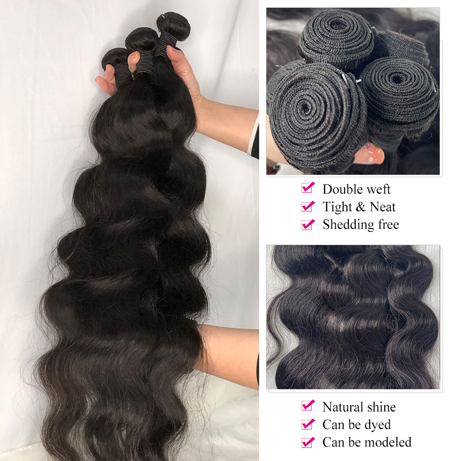 Poules d'ondes du corps Brésilien Boulements tisser les paquets 1 3 Bundles Noir noir 30 pouces Remy Extensions de cheveux