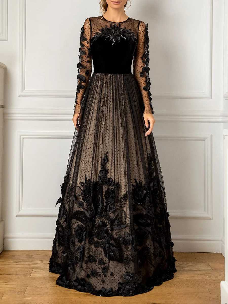 Vestidos sexy urbanos Apliques de baile de baile de manga comprida coquetel de renda de renda elegante comprimento de piso vestidos de noite preta para mulheres 2023 240410