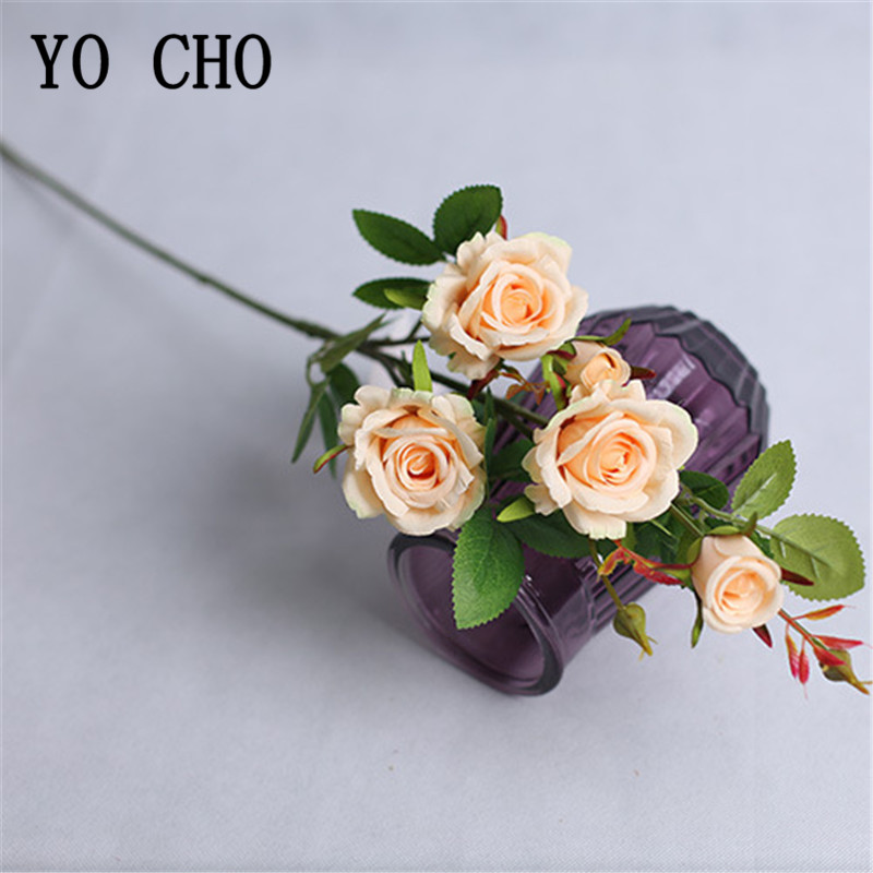Yo cho artificiell blomma 5 huvud silke rose diy blommor arrangemang långa stam falska rosedekor bröllop vägg flicka hem fest dekor