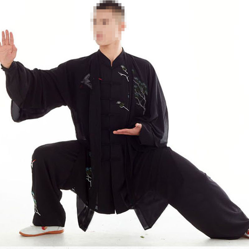 Hoge kwaliteit zomer/lente op maat gemaakte geborduurde dennenkraan taiji kung fu pakken vechtsporten uniformen tai chi kleding sluier