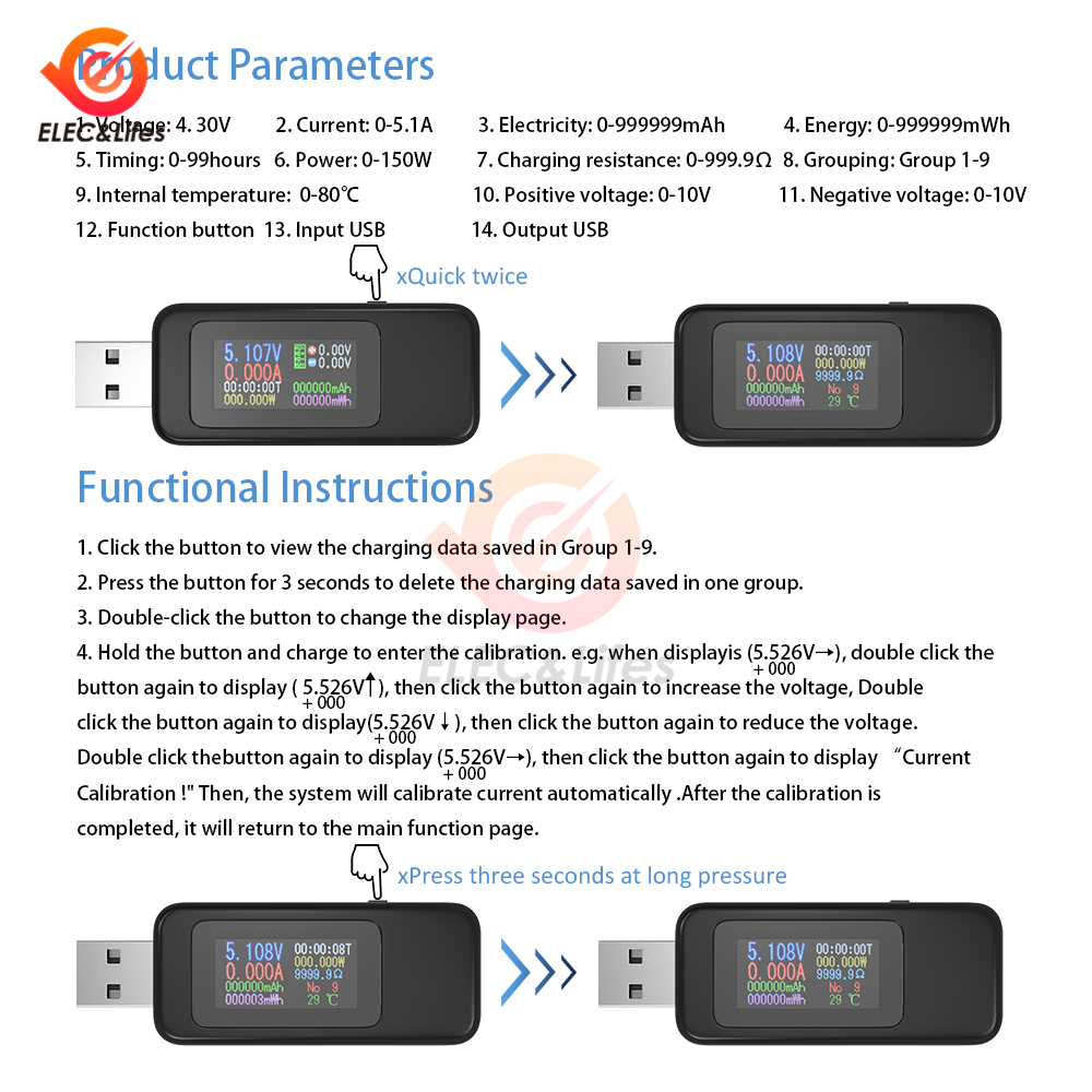 LCD Display Type-C USB-testare DC Digital Voltmeter Ammeter Spänningsström Volt AMP Meter Detector Power Bank Charger Indicator