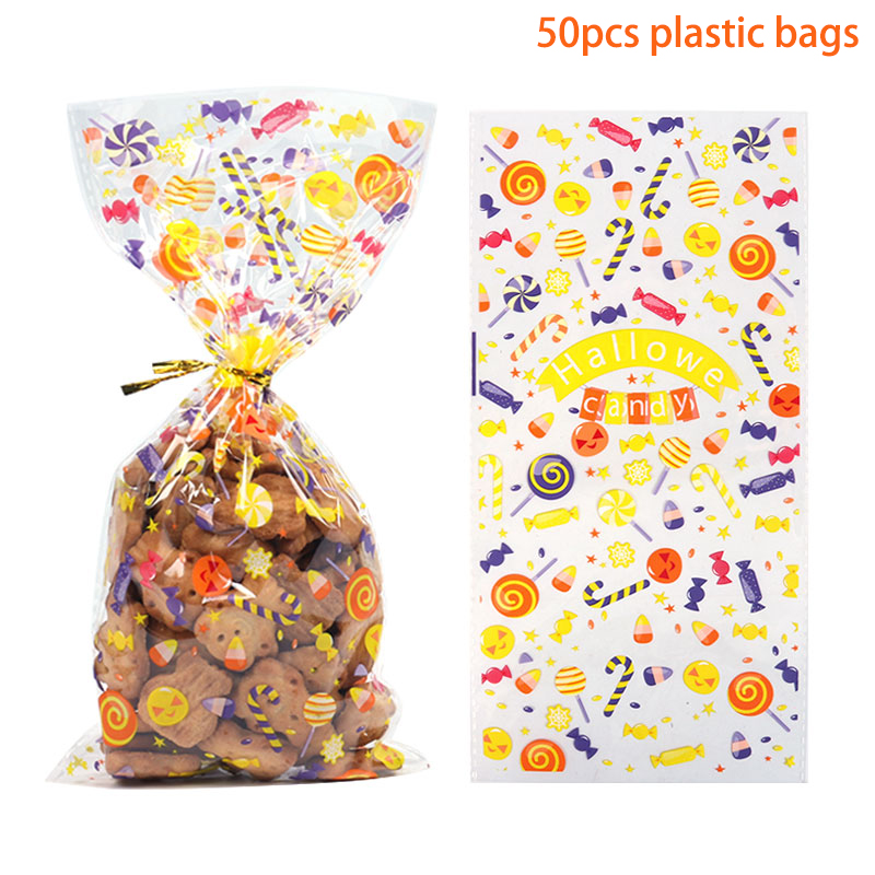 50 pezzi di borse da imballaggio di cellophane trasparente decorazioni feste di Halloween Discut o borse da culla con pipistrello con sacchetti regalo caramelle in plastica stampate in plastica