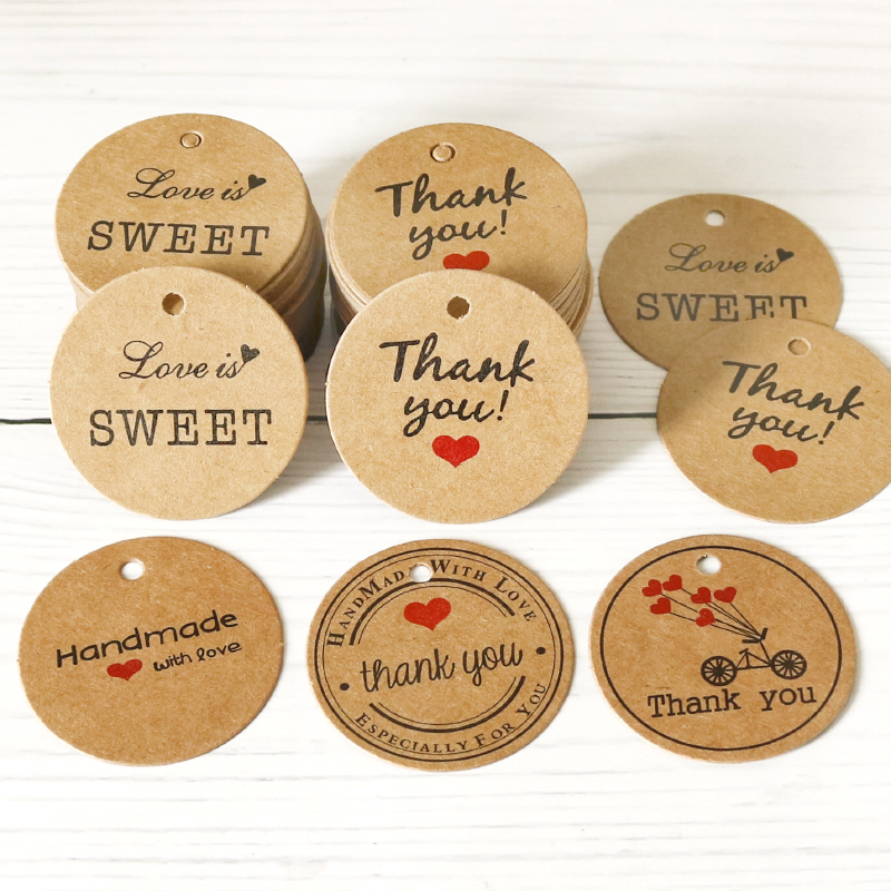 New Handmade Round Kraft Packing Gift Tag Bow Kraft Paper Hang Tags Thank You Label Cards DIY Garment Tag Price Label