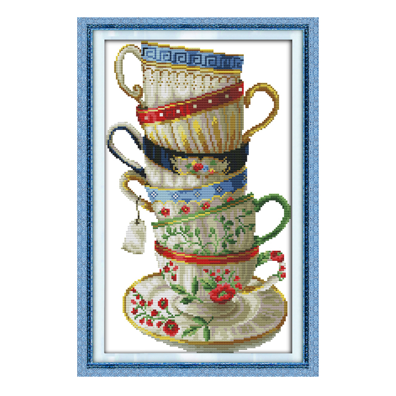 Coffee Cup Pattern Cross Stitch Kits Color Thread DIY 14CT 16CT Print Canvas Folk Crafts Handmade Needlework Embroidery Set