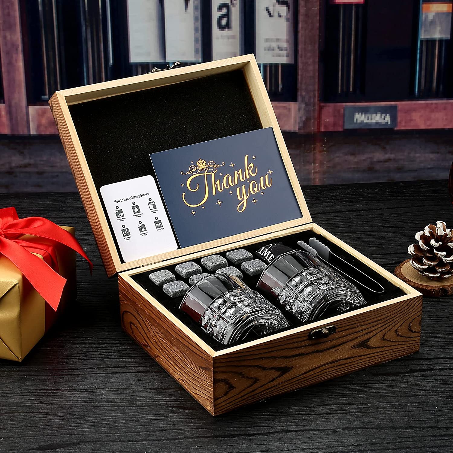 Whisky Stones Glasses Gift Set, bolsa de veludo para beber uísque escocês ou gin, caixa de madeira presente para Natal/aniversário