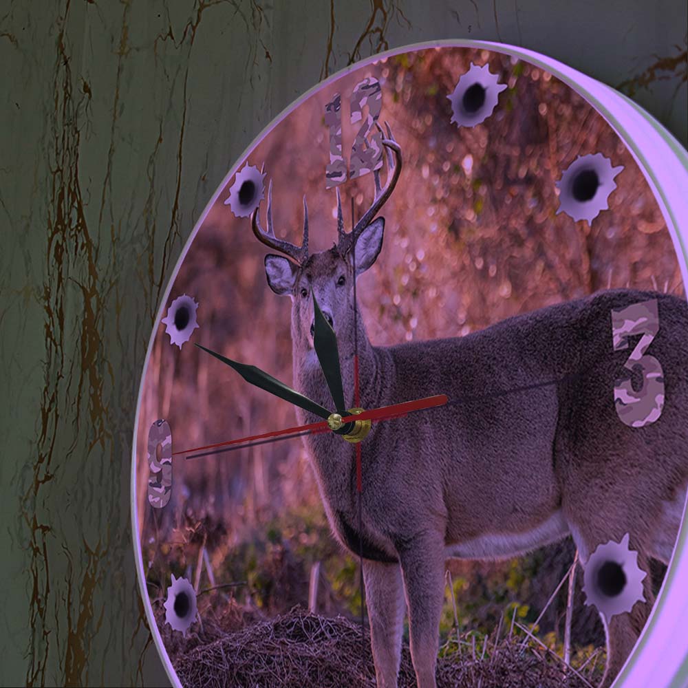 Deer Hunter Camera Sniper Big Buck Round Wall Clock Decort Decotta Wildlife Art Animal Art Elk Cabin Orologio da parete Gift di caccia a caccia di cervi