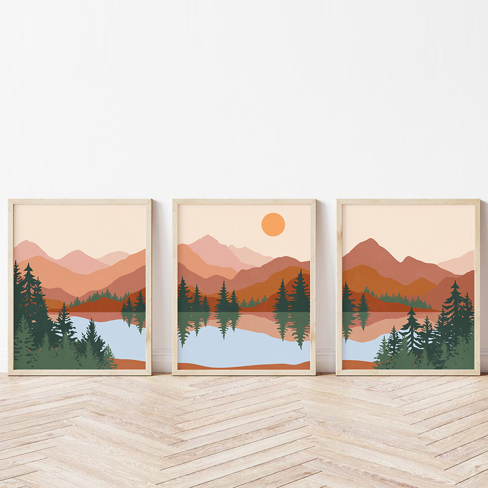 Mid Century Boho Abstract Mountain Lake Trees Imprimez Mur Art nordique toile image nature paysage peinture affiche de salon