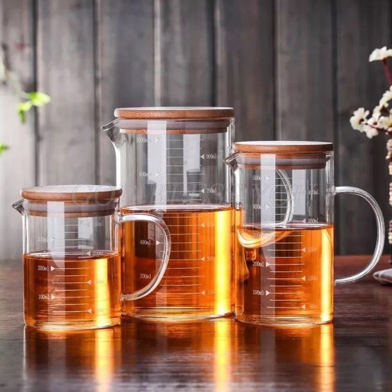 Graduated Beaker Mug with Bamboo Lid and Handle Transparent Home Coffee Drinking Water Glasses Borosilicate Glass Measuring Cup