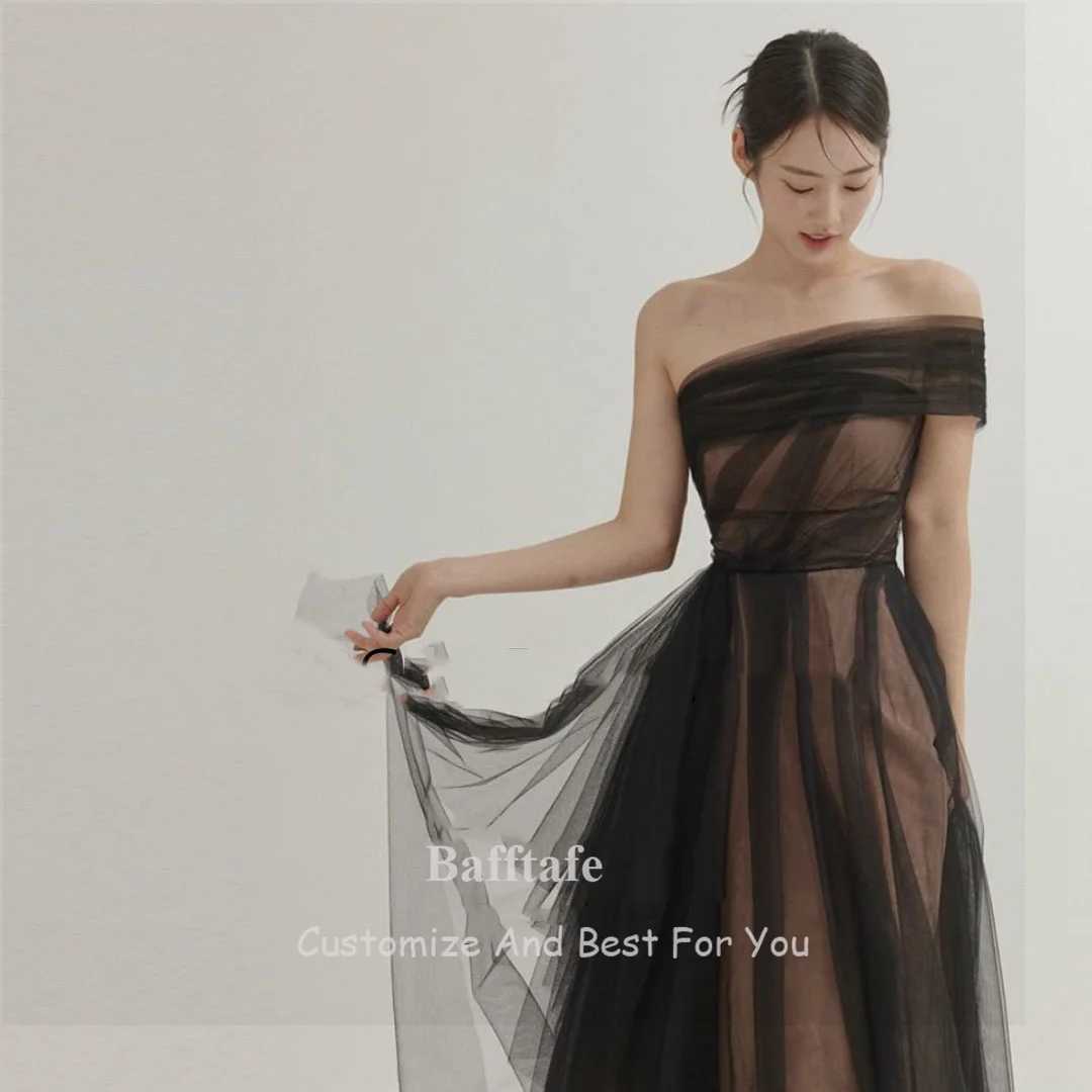 Urban Sexy Dresses Bafftafe Simple Black Beach Korea Lady Prom Dresses Soft Tulle One Shoulder Floans Längd Formell aftonklänning 2024 240410