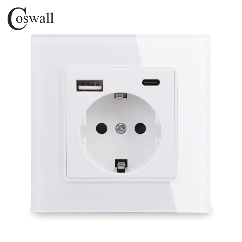 COSWALL EU Ryssland Spanien Standardvägg Power Socket Godnad USB Typ A Type-C Laddningsport Hotad glaspanel Vit C1-serien