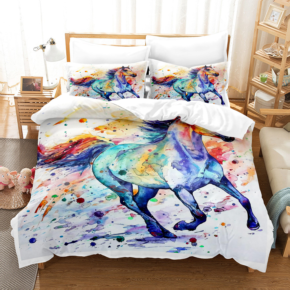 Horse Betthülle Cover King/Queen Size für Kinder Teen Erwachsener, cooler Aquarell -Pferderennen der Tröster Cover Set 2 Kissen Shams, Multicolor