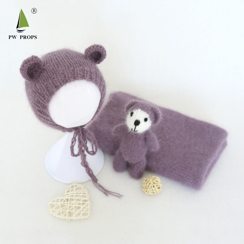 Newborn Teddy Hat Toy Set Photography Props Knit Fluffy Animal Filler Bonnet Photo Shoot Amigurumi Toy