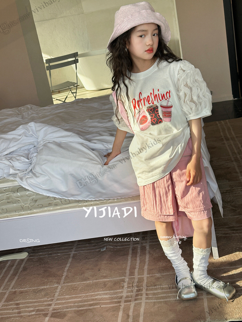 Summer Big Kids Love Heart Letter Camiseta impresa Camiseta Old Girls Spiling Lace Rufle Puff Manga Tees Designer Children Loose Casual Clothing Z7623