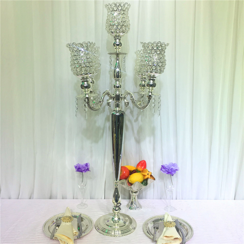  110 cm Wysokość 5-ramą metalowe złoto-srebrne kandelabry z kryształowymi zawieszkami ślubnymi świecznik