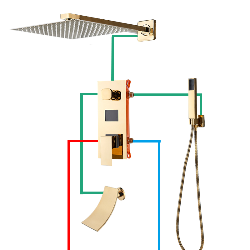 Rozin Gold Dochou Dispositivo Display digitale Sistema di doccia bagno con pioggia Montato a parete Missile con cassetta con la vasca