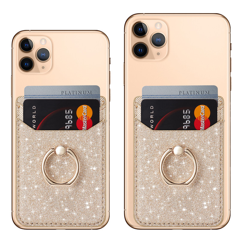 Pocker de porte-cartes de cartes de portefeuille en cuir avec stand à anneau de doigt pour iPhone 13 Pro Max 12 Mini 11 Grip Back Adhesive Pocker Sticker