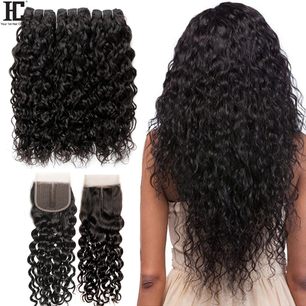 Water Wave Bundles With 5x5 Lace Closure 40 Inch Brazilian Wet And Wavy Curly Human Hair Weave 3 / 4 Bundles With Lace Closure