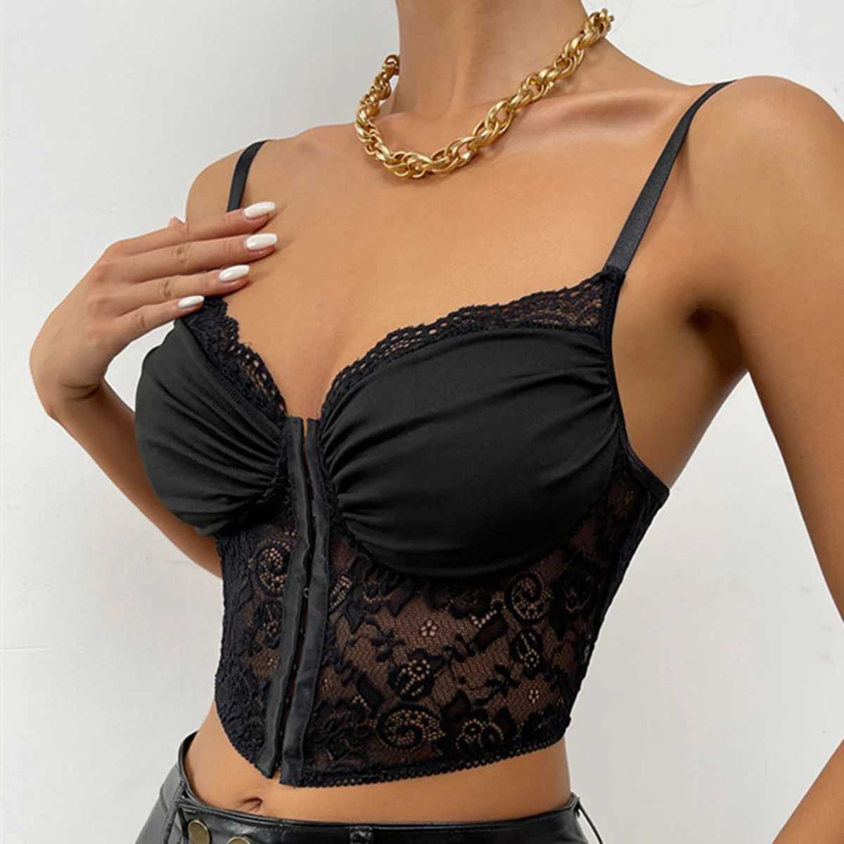 Serbatoi da donna camis vemina in pizzo mesh vuoto Vedi attraverso il serbatoio Halter Sinsela senza maniche Ultra-tinta di colture senza schienale giubbotto sexy Vneck Bra J240409