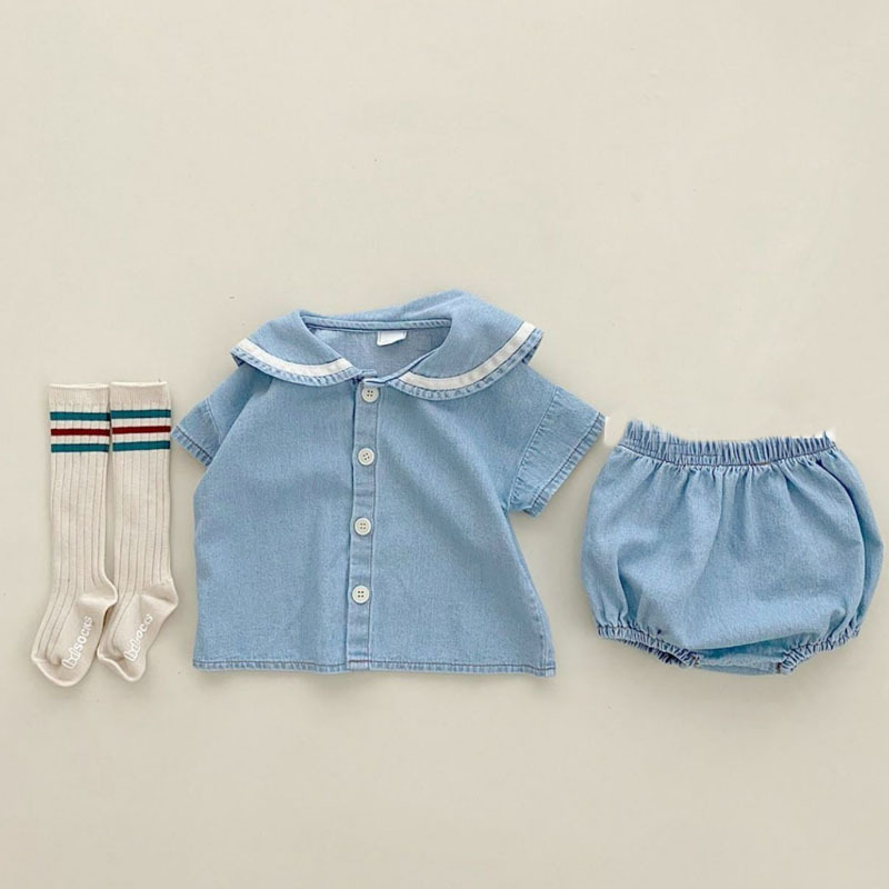 2023 Été Nouveau bébé Navy Collar vêtements Ensemble Kids Girls Girls Short Sleeve Denim Tops + Shorts Suit mignon Baby Boy Denim tenues