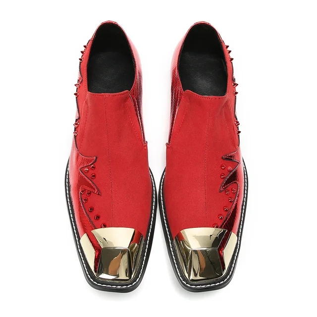 Italien Red Le cuir hommes Chaussures de mariage Gold Square Toe décor mâle oxfords talons bas patchwork Crystal chaussures zapatos caballero