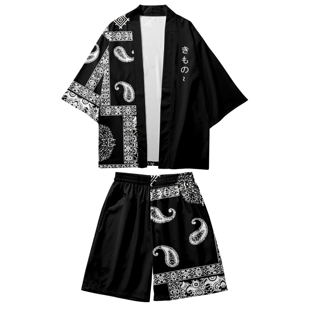 Fleurs de cajou imprimées couples noirs femmes hommes japonais kimono cardigan lâche décontracté et short de plage fixer des vêtements asiatiques harajuku