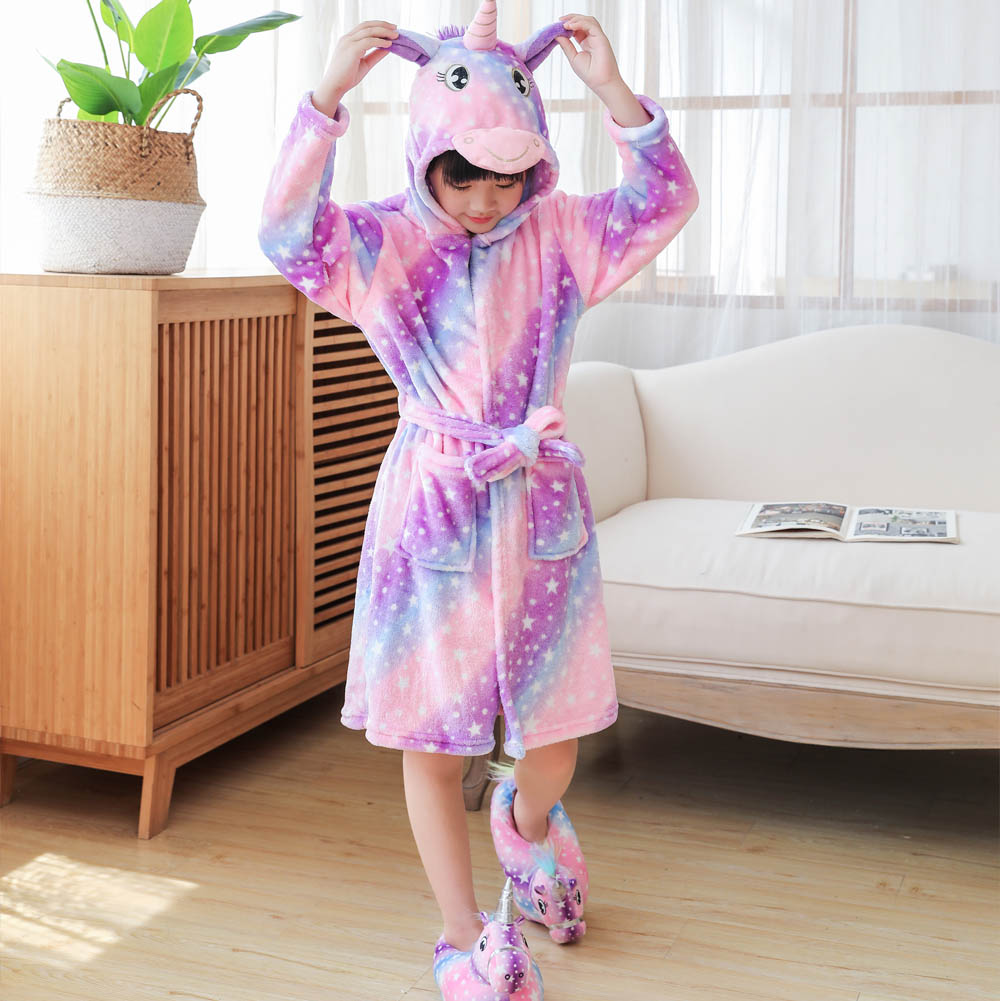 4 6 8 10 12 Y Baby Girls Robe for Kids Pajamas Unicorn Bath Robes Winter Warm Purple Rainbow Hooded Sleepwear Birthday Party Pjs