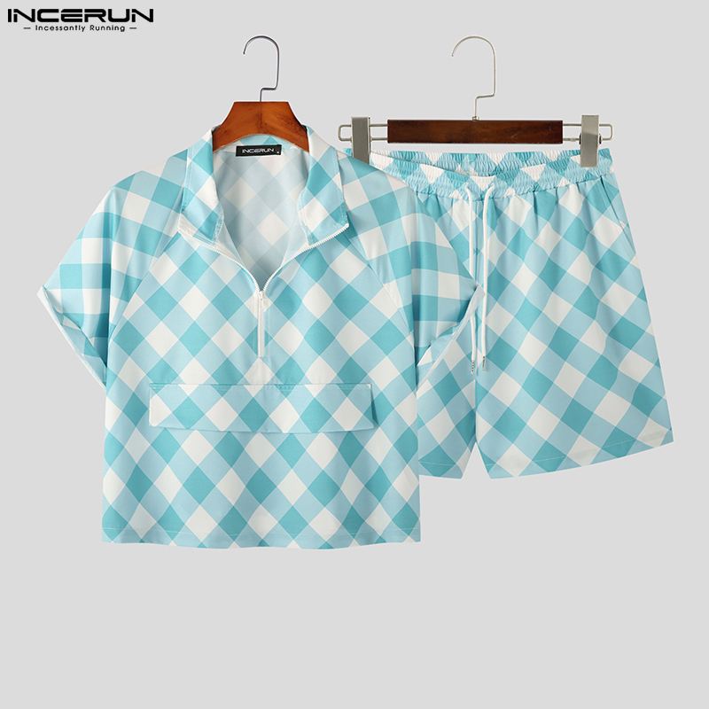 Stijlvolle hot verkopende herensets Incerun plaid korte mouwen shirts shorts shorts casual streetwear stijl mannelijke tweedelige sets s-5xl 2024