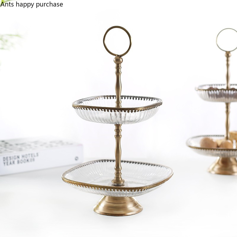 Two-tier Fruit Plate Brass Glass Fruit Bowl Cake Stand Snack Tray Dessert Bowl Decorative Plate Dried Fruit Plates Fruit Dish