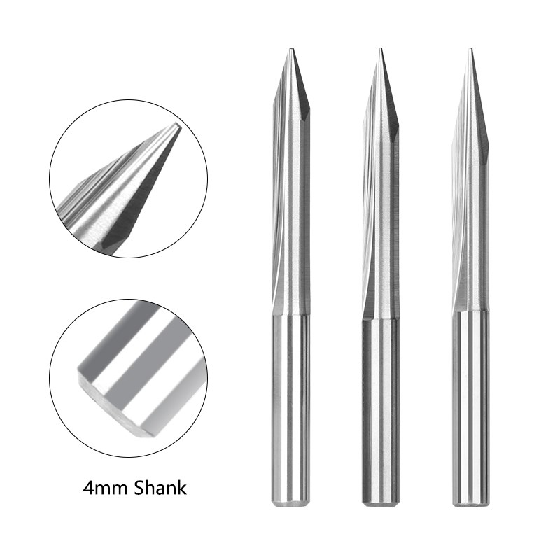 4mm Shank 2 Flute Straight V Bits 15/20/25/30 Degrees V Shape Engraving Bits Tip 0.3-1.0mm CNC Carving V Bits Milling Cutter