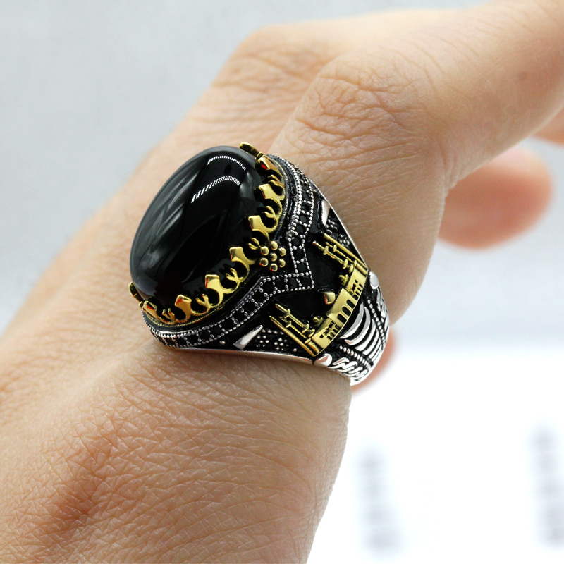 New Black Natural Agate Stone Ring 925 Real Silver Men's Ring Castle Turkey Constantinople Vintage Signet Ring Gift Wedding Luck