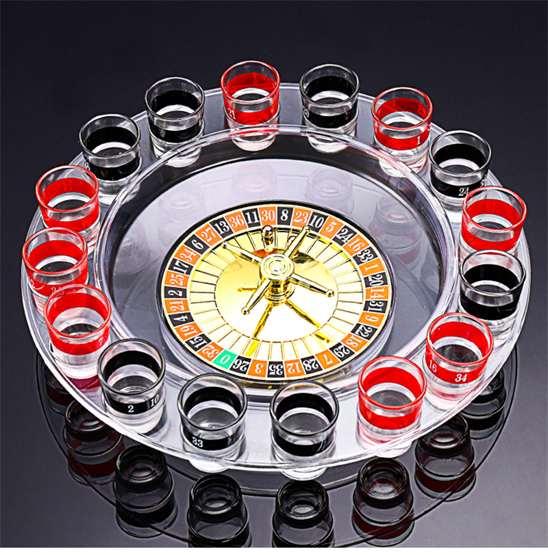 Drinkende roulette set Aixiangru Russische verjaardagsfeestje Game Muziek Muziek Push Turnstable Drinkaccessoires 16 glazen zwart/lucentie