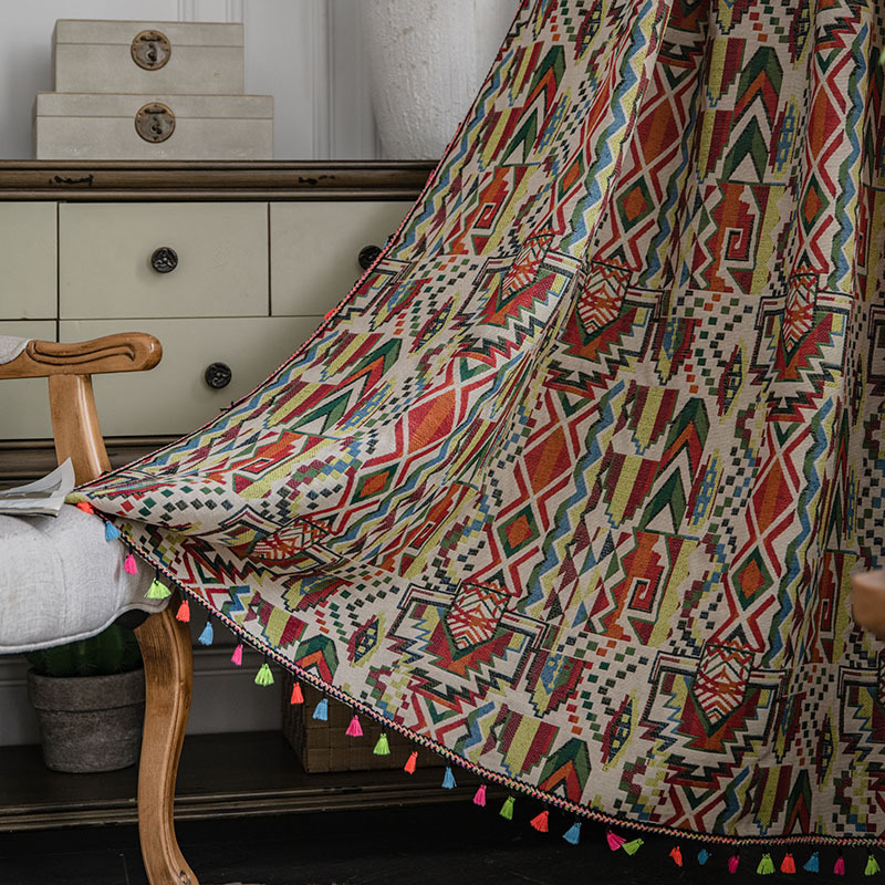 Boheemse geometrische garen-geverfde jacquard gordijn met kwastjes, boerderijraam drapes voor slaapkamer, woonkamer decor, TJ7723