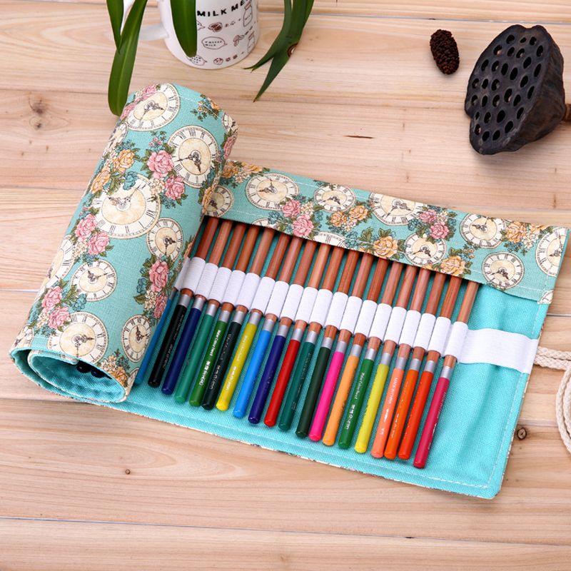 36/48/72 Holes Handmade Curtain Pencil Bag Canvas Colors Pencils Case Wrap Roll Up Students School Stationery Gift Retro Vintage