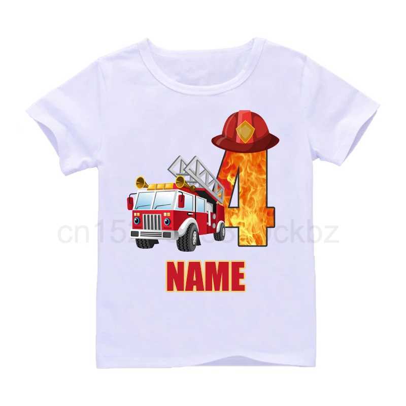 Camisetas meninos meninos legais carros de bombeiro Números de aniversário Nome T-shirt crianças meninas feliz aniversário camiseta infantil tampos brancos 240410