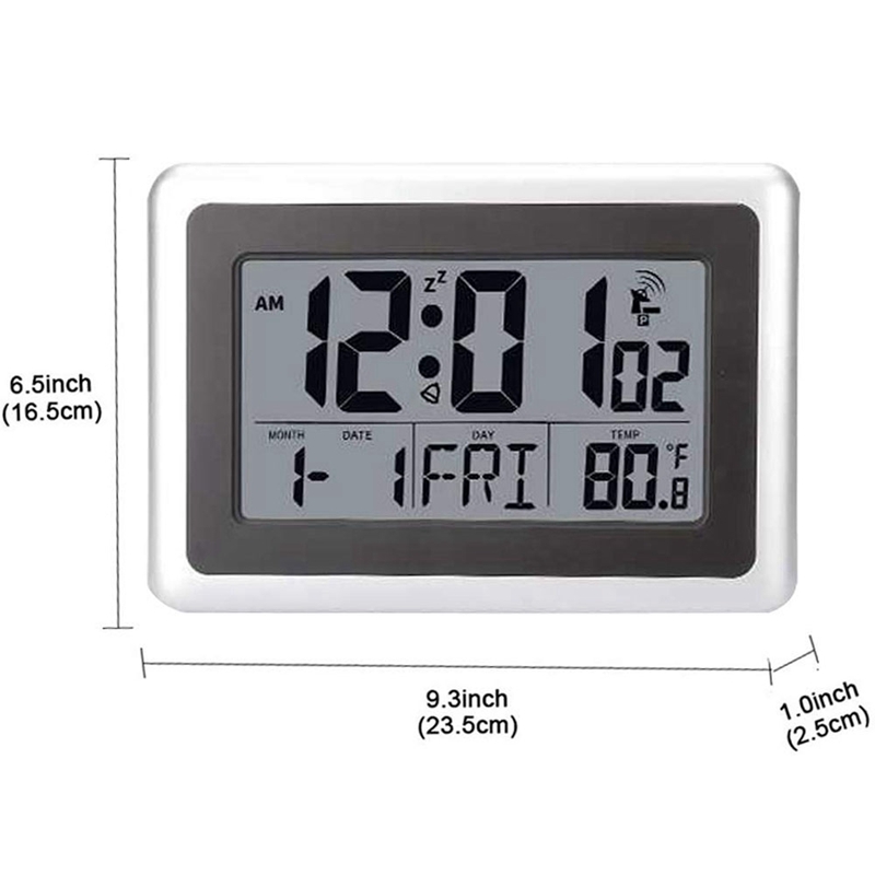 Atomic Digital Wall Clock, Large Lcd Display, Battery Operated, Indoor Temperature, Calendar, Table Standing, Snooze Without B