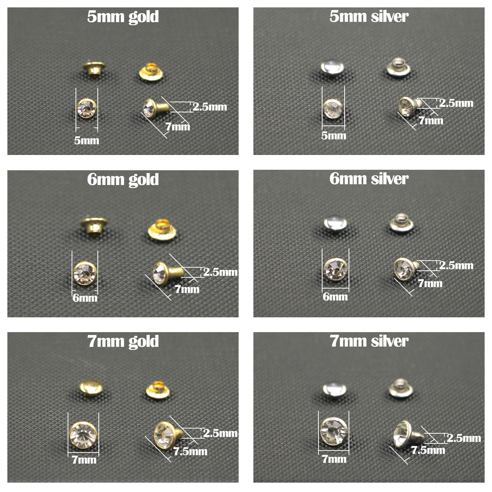 5/6/7/8/9/10/10/12 mm kristallen Rhinestone Rivets Diamond Studs Blingling voor Leathercraft Gold Silver DIY -kleding Leer