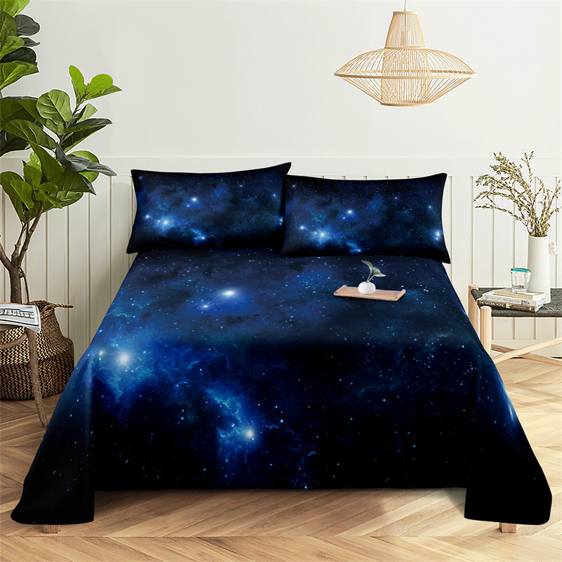 Blauwe kosmische sterrenhemel 0,9/1.2/1.5/1.8/2.0m beddengoed digitale print polyester bed platte vel met kussensloopafdruk beddengoedset