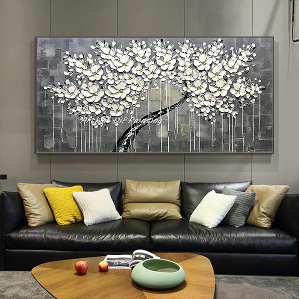 Arthyx-handpilt Palet Knife Boom Bloemolie Schilderkunst op canvas, abstracte muurkunst, foto voor woonkamer, modern huisdecoratie