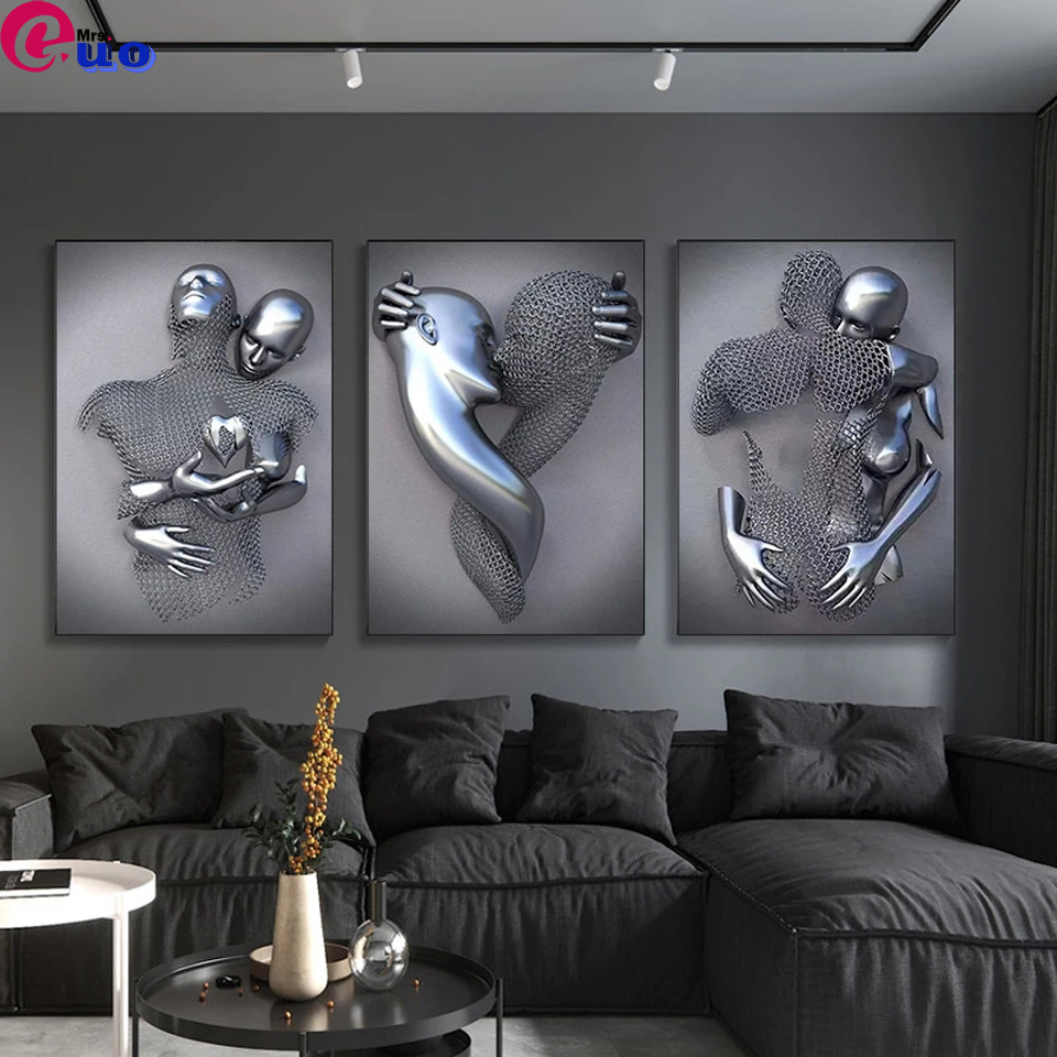 Triptych Modern Abstract Lover's Heart Metal Sculpture Art Diamond Painting Romantic Statue Diamond Embroidery Home Decor 