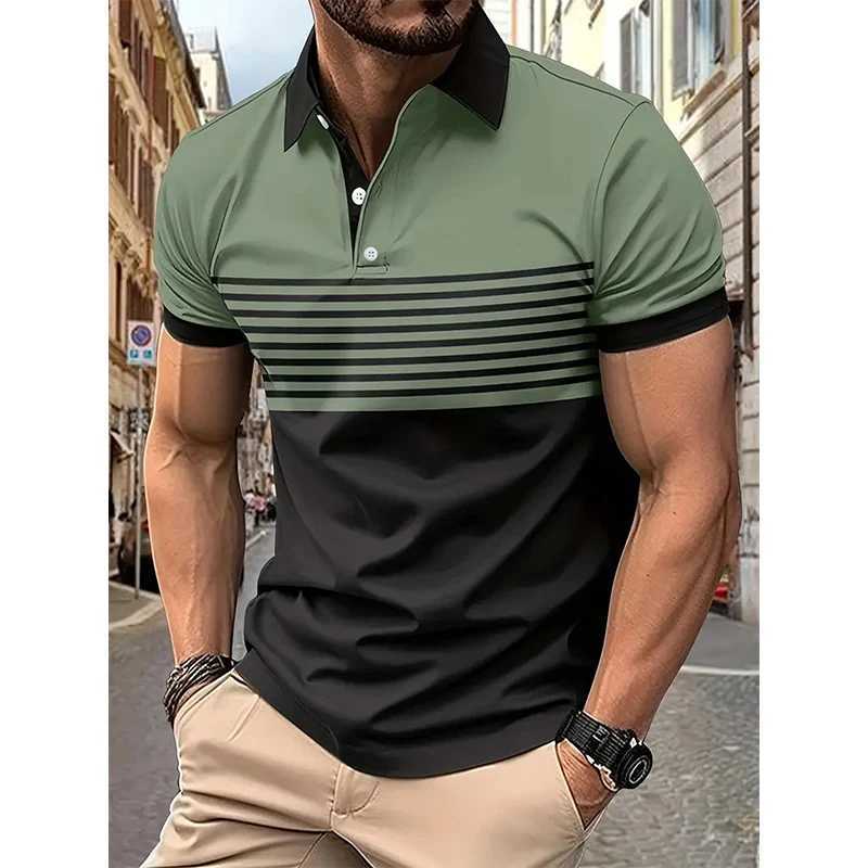 Camisas casuais masculinas Moda de moda curta -selos listrados com camisa de pólo de lapela casual 2449