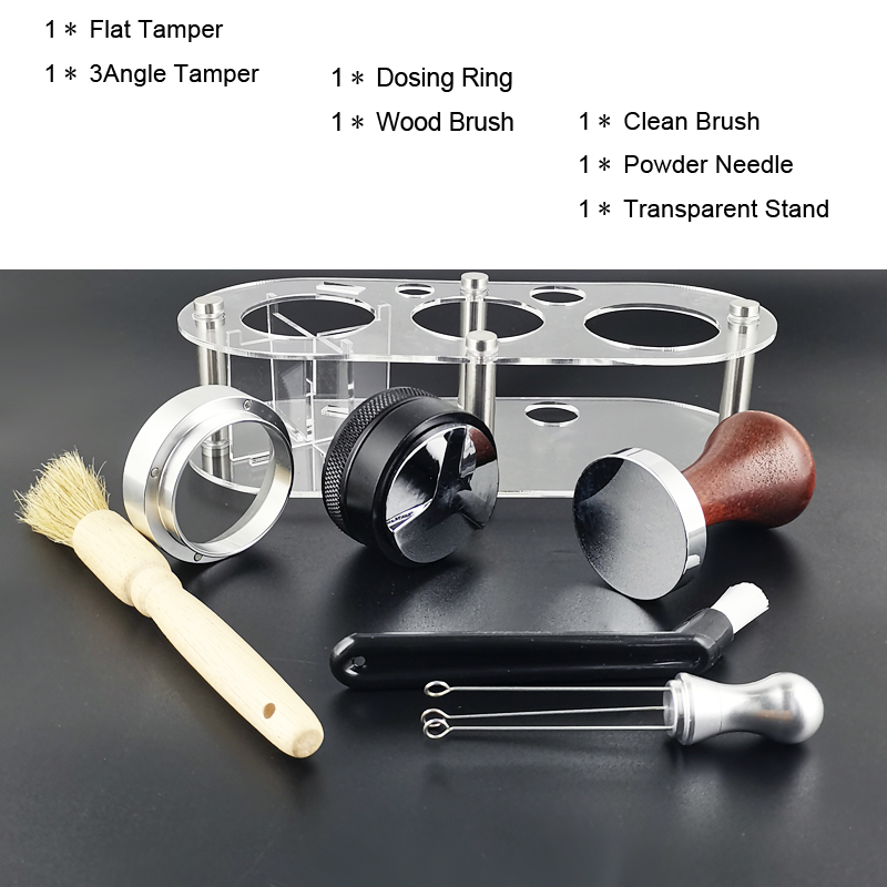 1-51 mm / 53 mm / 58 mm Réglable 3 angle de base plate Coffee Tamper à aiguille en poudre Brosse propre avec des accessoires de support transparent