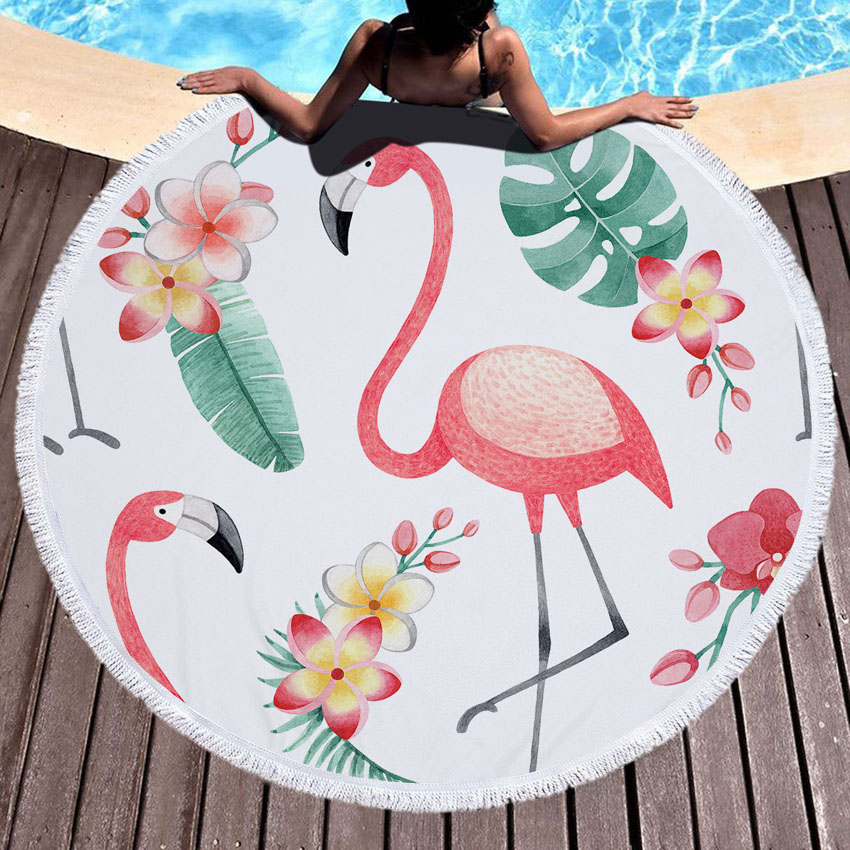 Flamingo blommor runda strandhanddukar mjuka sommar baddusch handduk yogamat bikini täcker filt med dragsko ryggsäckväska